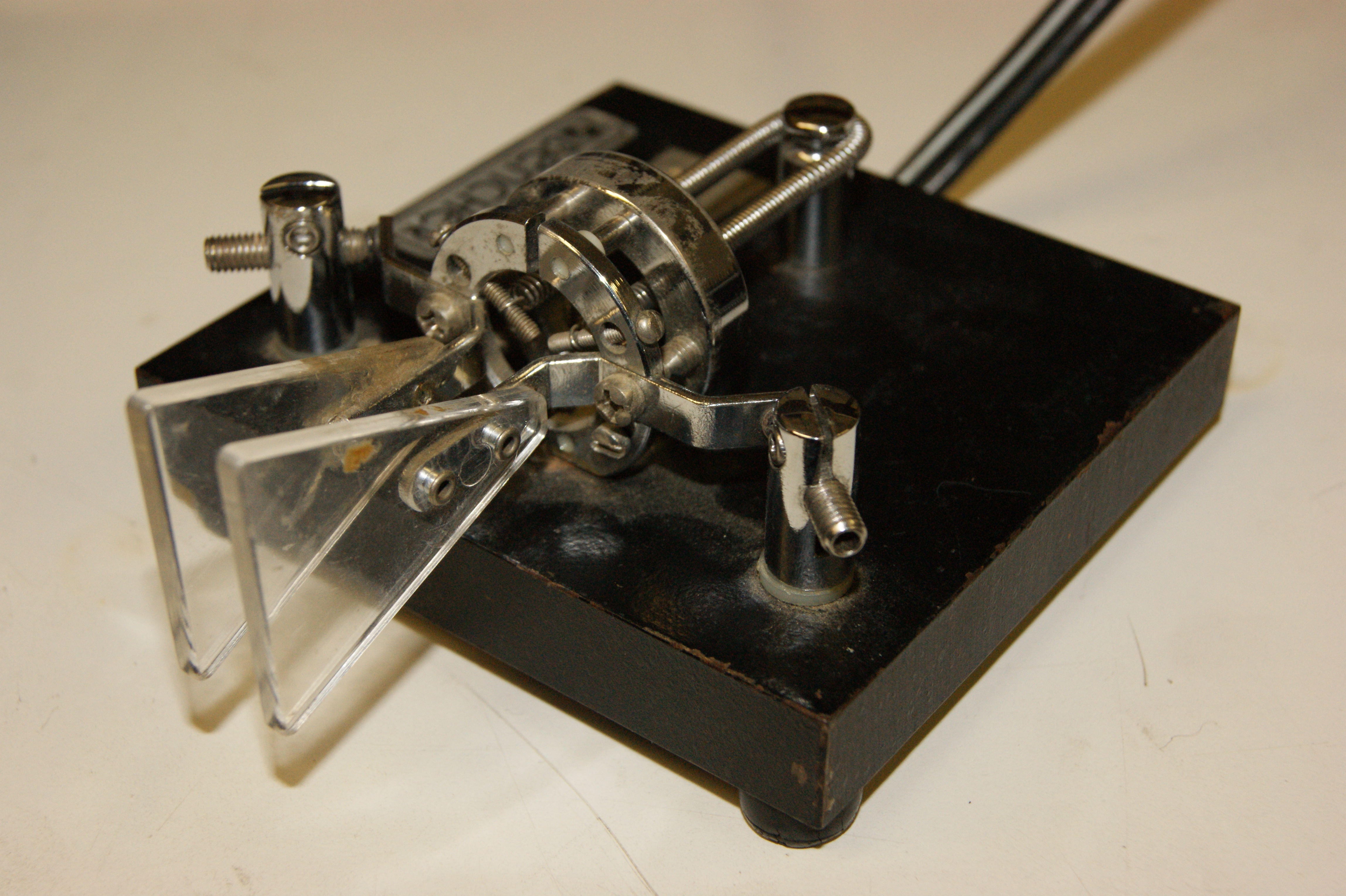 Figure 3 — Bencher BY-1 iambic paddle — the canonical CW keyer paddle. Two contacts (dit on one side, dah on the other) feed the keyer logic; on PicoCalc that logic lives in firmware (PicoMite, MicroPython, o…