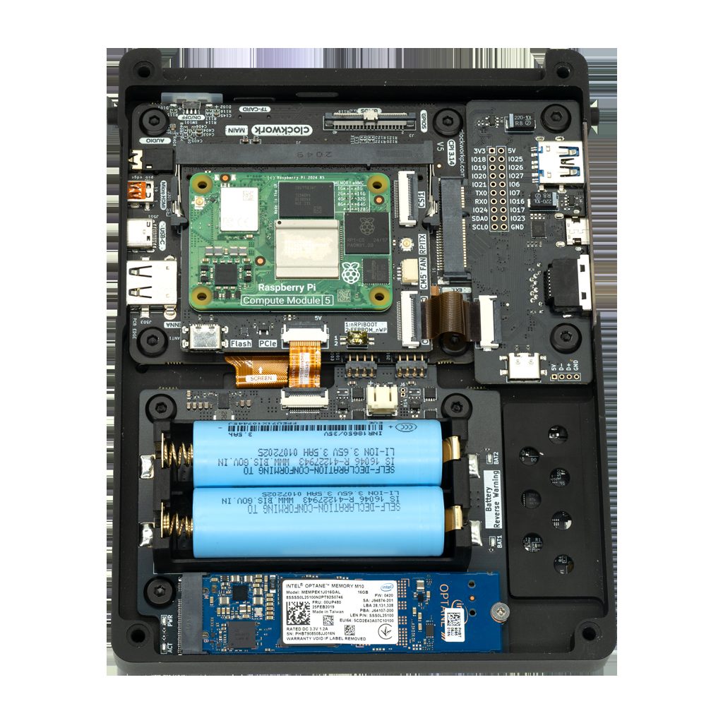 Figure 3 — 3 — The HackerGadgets uConsole Upgrade Kit: the Adapter Board, the NVMe Battery Board, and the (here unused) RJ45/USB-3 expansion board. Photo: HackerGadgets, hackergadgets.com.