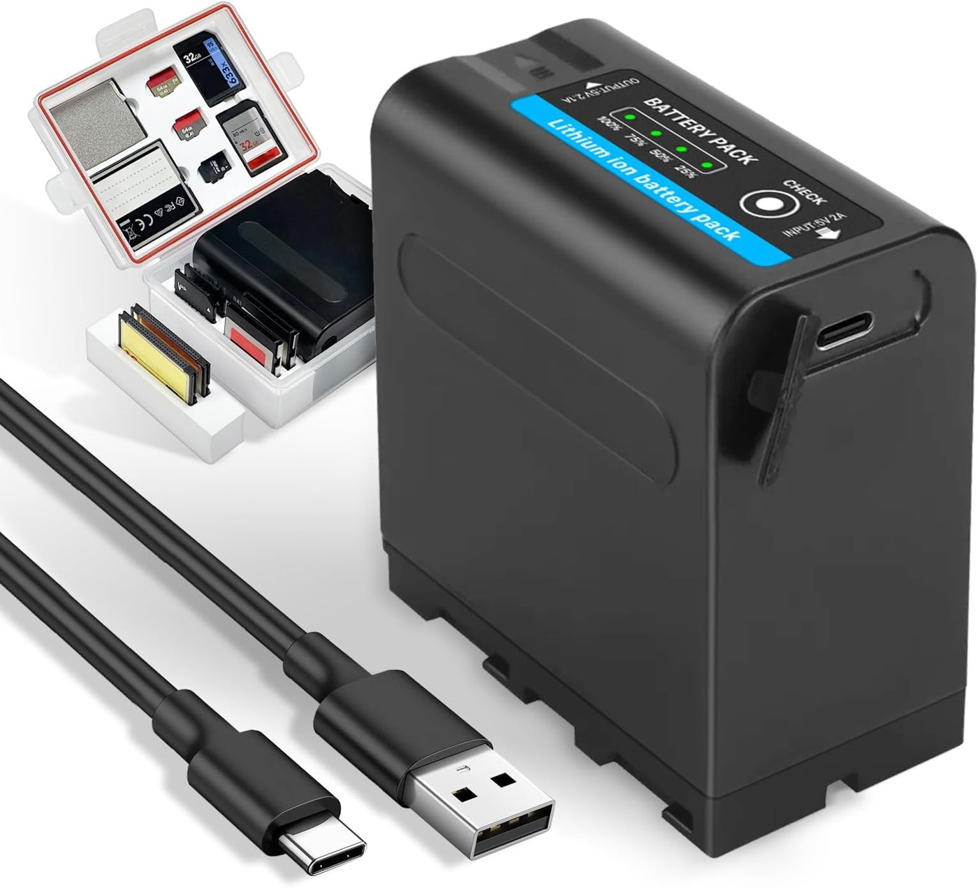 Figure 5 — 5 — An NP-F lithium-ion pack with a USB-C input and USB output — the 10,050 mAh form factor the DFCD is built around. Photo via web search (personal-reference use).