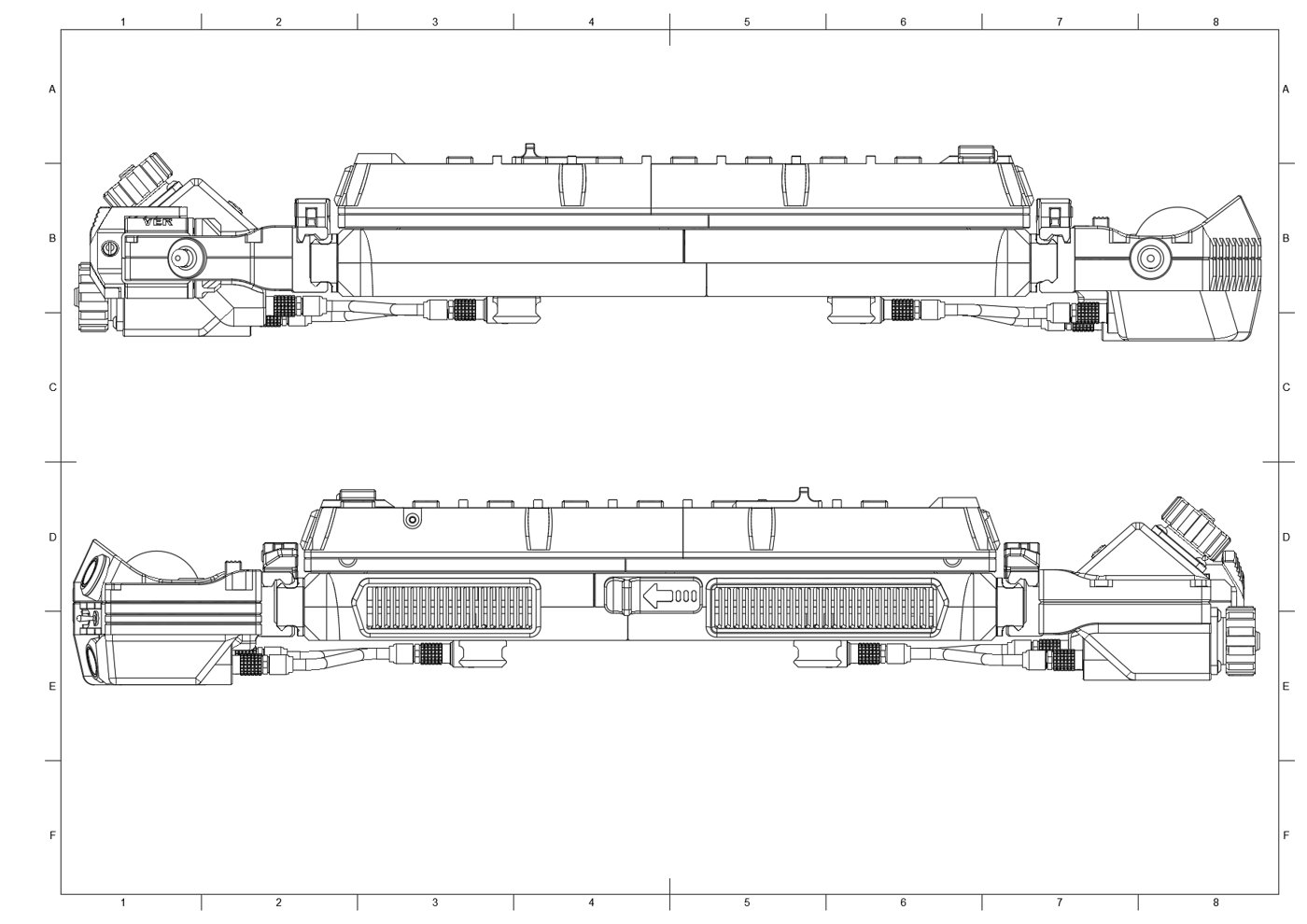 Figure 2 — 2 — Upstream CAD profile views (top and bottom) of the DFCD central unit, showing the rear rail line, the screen-release slide switch, and the module-interface ends. Drawing: ArcticEnrichm…