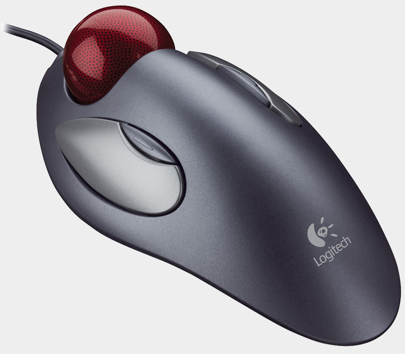 Figure 3 — 3 — A Logitech Marble trackball with its red ball — the DFCD's right-side trackball module reuses this mechanism. Photo via web search (personal-reference use).
