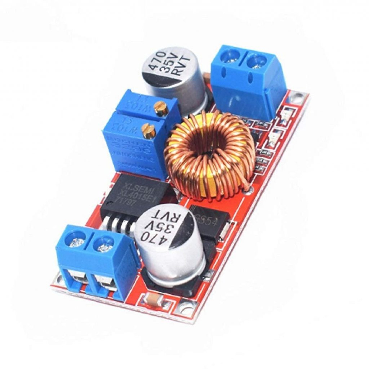 Figure 3 — 3 — An adjustable DC-DC step-down (buck) converter module, like the Joy-it unit that drops the NP-F's 7.2 V to the Pi 5's 5.1 V. Photo via web search (personal-reference use).