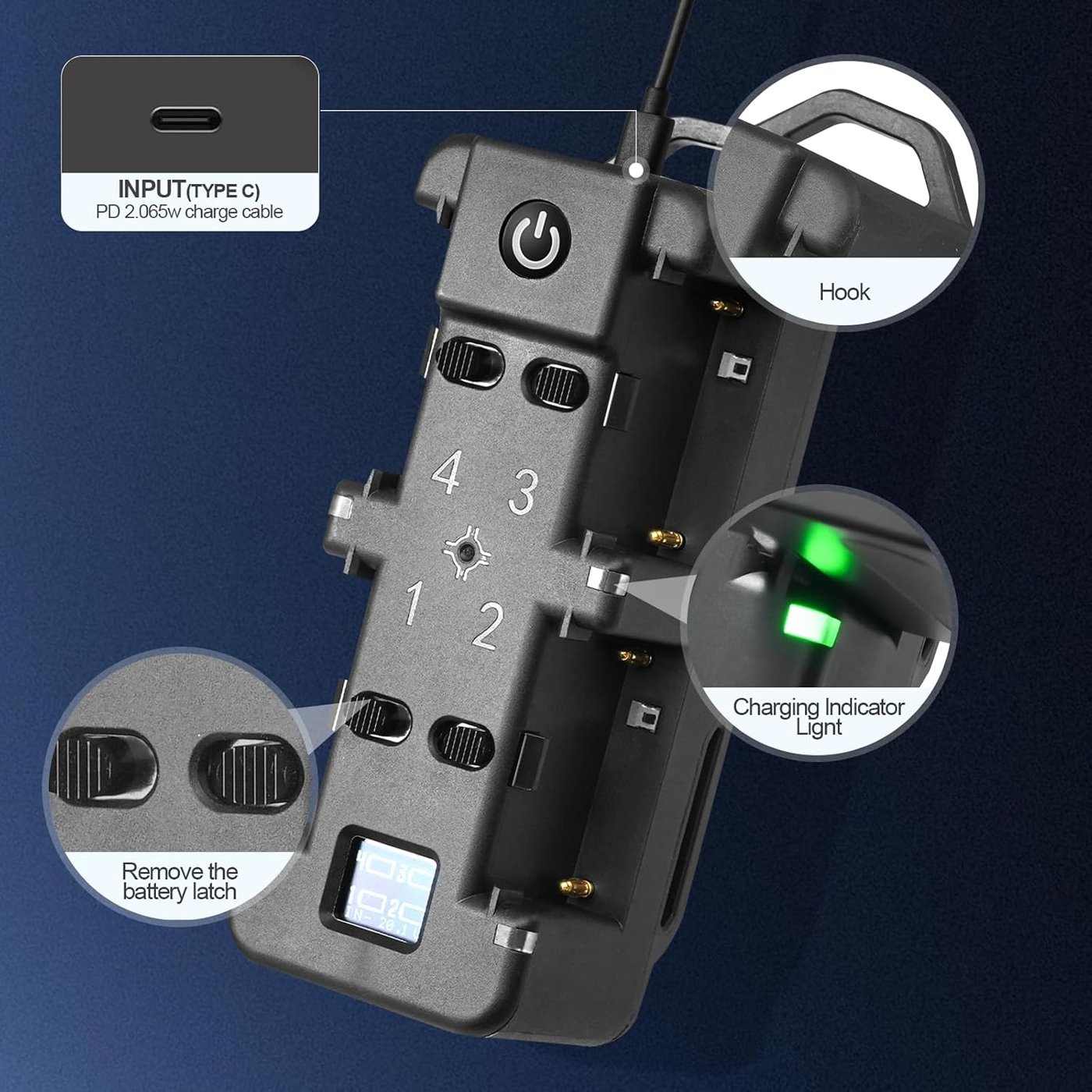 Figure 5 — 5 — An NP-F pack charging over USB-C, its charge-status LED lit. Photo via web search (personal-reference use).