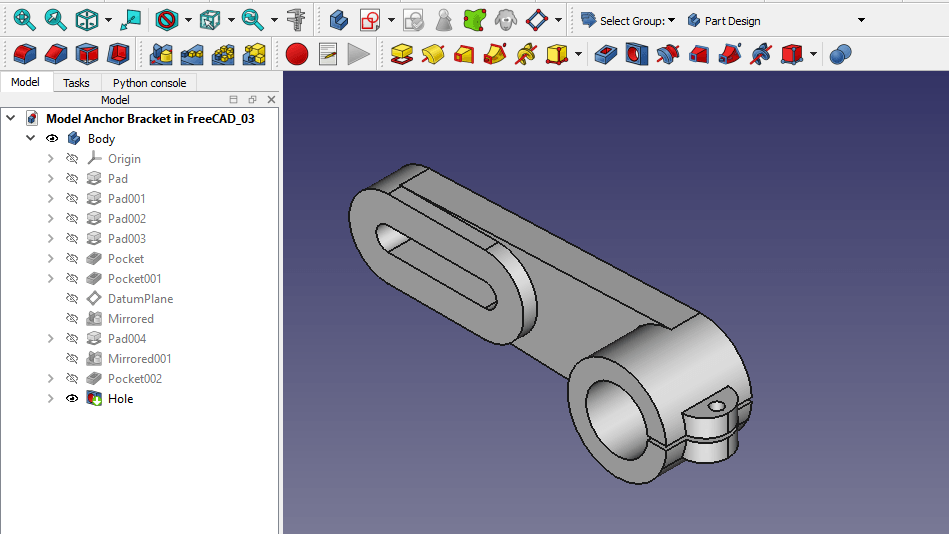 Figure 7 — 7 — A FreeCAD Part Design session with the model tree and 3D viewport — the DFCD's primary workload. Photo via web search (personal-reference use).