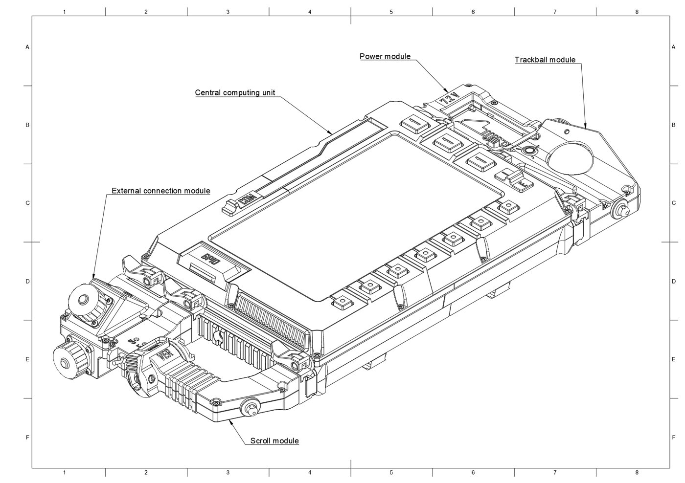 Figure 2 — 2 — The DFCD's left-side external connection module mounting point (annotated CAD); the module is defined but not yet wired in the reference build. Drawing: ArcticEnrichmentCenter, DFCD up…