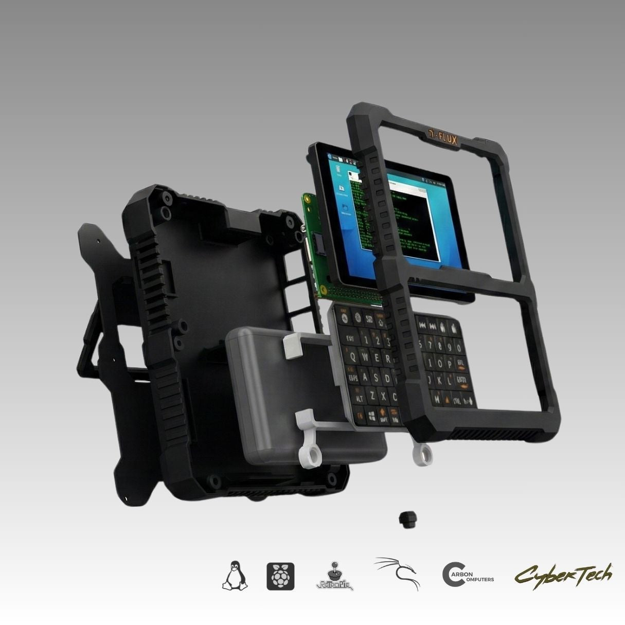 Figure 4 — 4 — Exploded view of the PiFlux: the chassis shells, the Raspberry Pi 5 board, the display, the keyboard, and the internal battery — the parts a Barebones Kit buyer assembles around their …