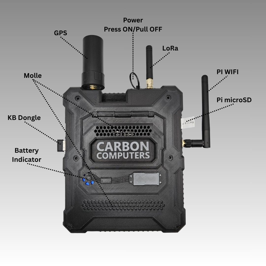 Figure 6 — 6 — Rear view with the radio add-ons fitted: GPS and LoRa antennas up top, the external Pi Wi-Fi antenna at right, plus the MOLLE panel, keyboard dongle, and battery indicator. Photo: Carb…