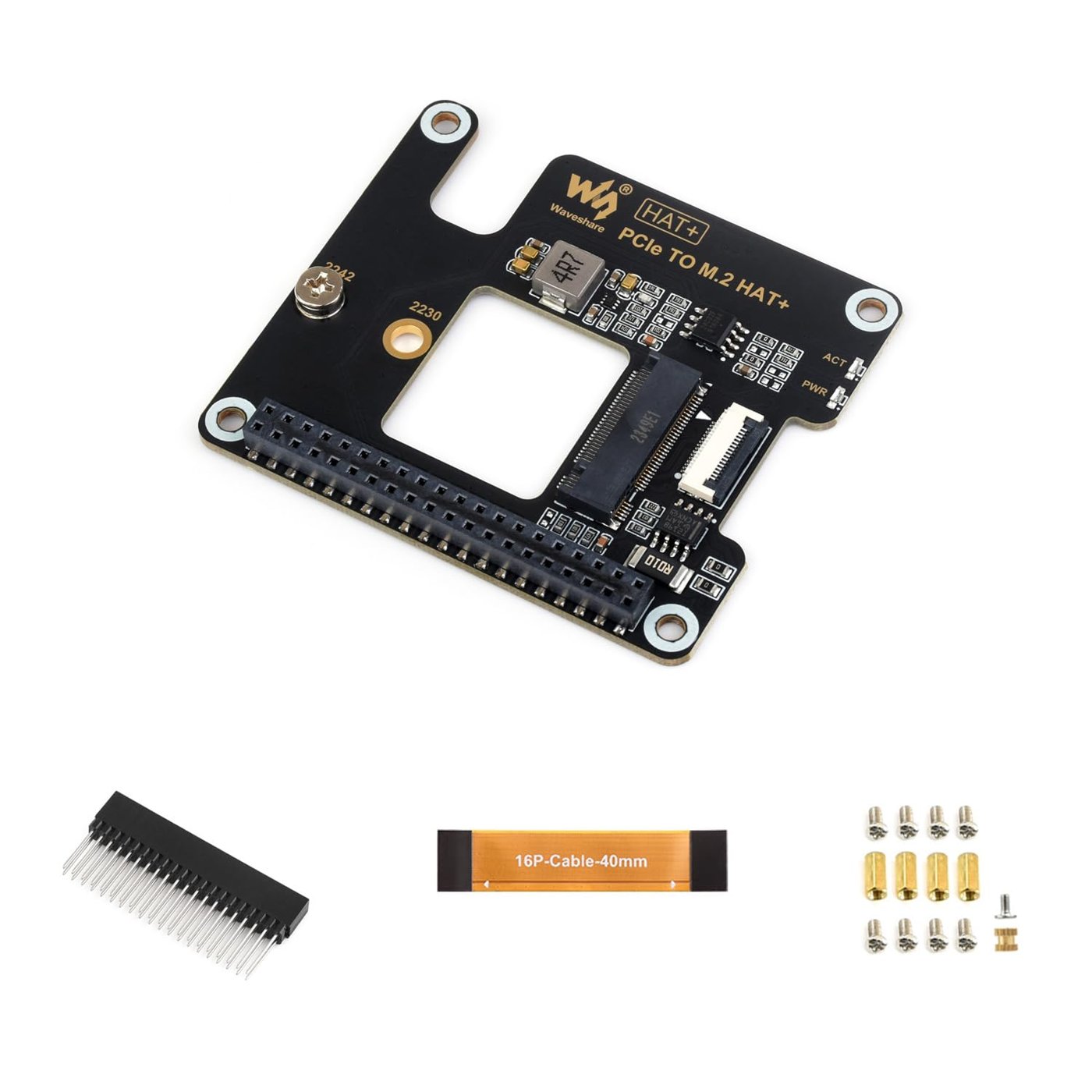Figure 2 — 2 — A PCIe-to-M.2 HAT for the Pi 5, isolated — the Key M socket, the FFC connector, and the mounting standoffs this class of adapter uses. Photo via web search (personal-reference use).