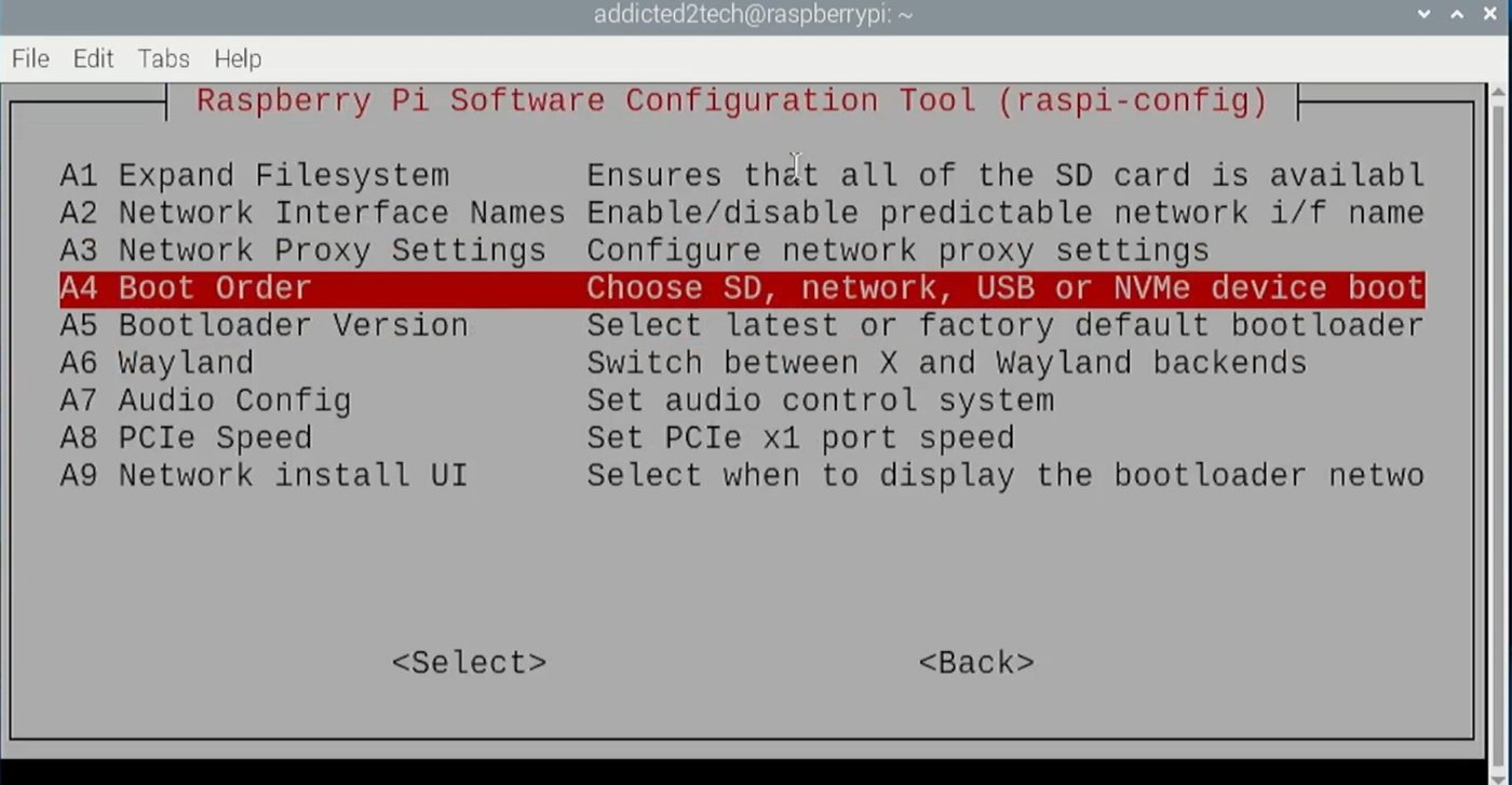 Figure 5 — 5 — The raspi-config Boot Order menu, where NVMe is placed ahead of the microSD card for NVMe-first boot. Photo via web search (personal-reference use).