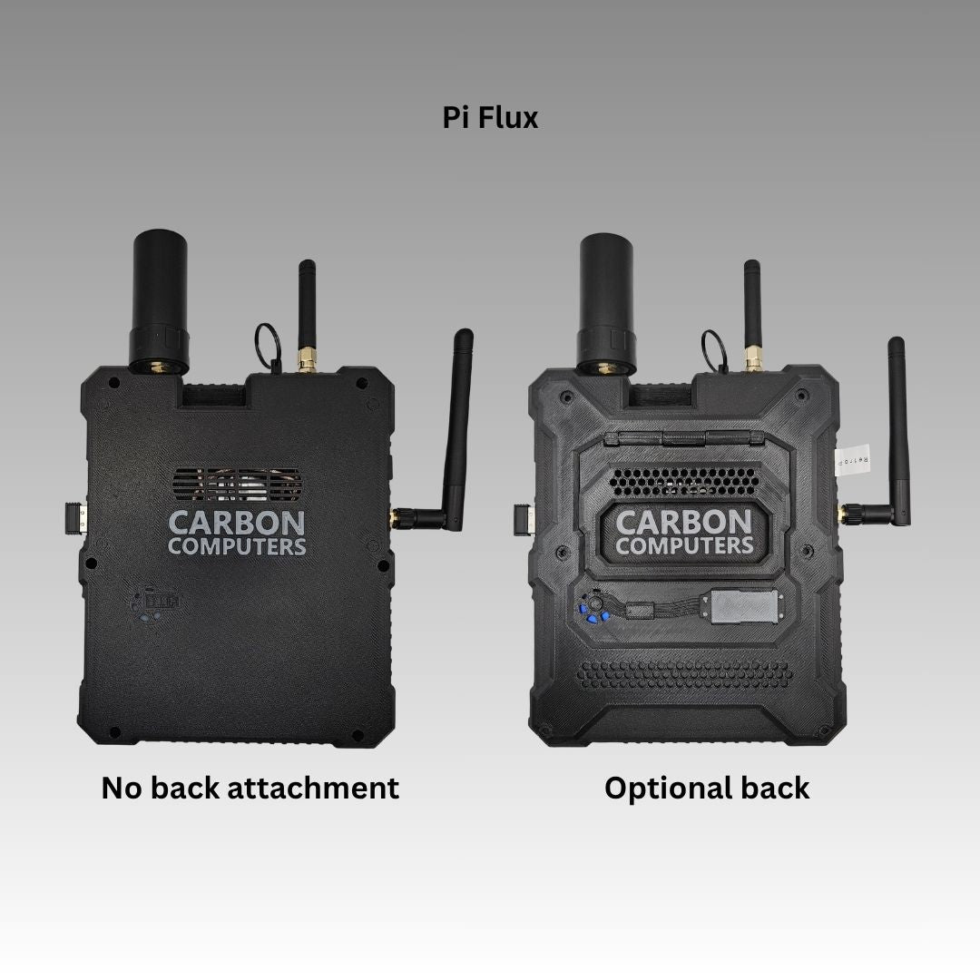 Figure 7 — 7 — The PiFlux rear: the standard back versus the optional printed back panel — the 3D-printed case is also sold for custom builds. Photo: Carbon Computers, carboncomputers.us.