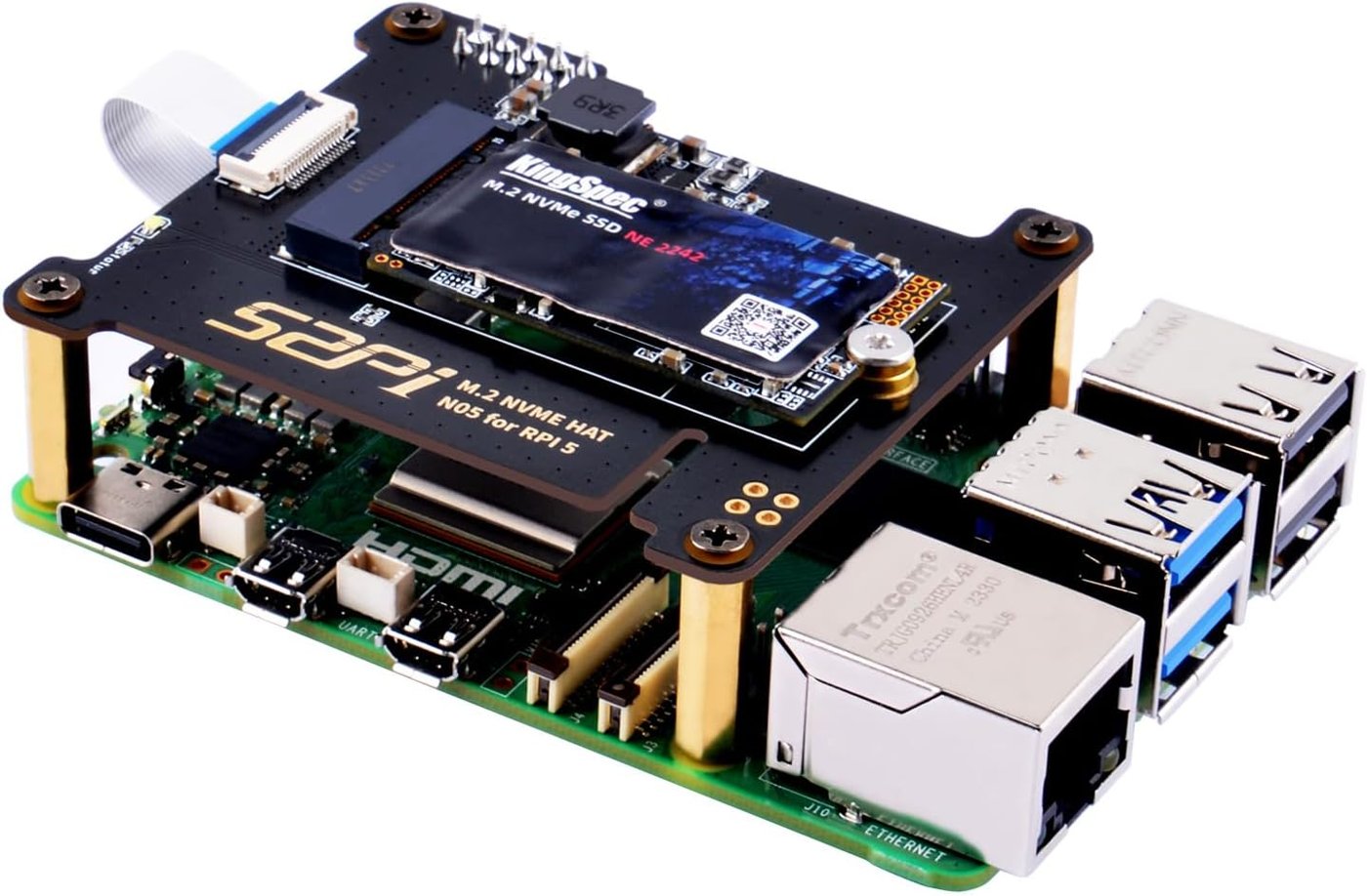 Figure 6 — 6 — An M.2 NVMe drive seated in the HAT+'s Key-M socket, standoff-mounted directly above the Pi 5 board. Photo via web search (personal-reference use).