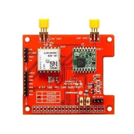 Figure 8 — 8 — A GPS+LoRa combination HAT of the type the PiFlux Base Radio is built around: two SMA antenna connectors (GPS and LoRa) and a frequency-select jumper for 433/868/915 MHz LoRa operation…