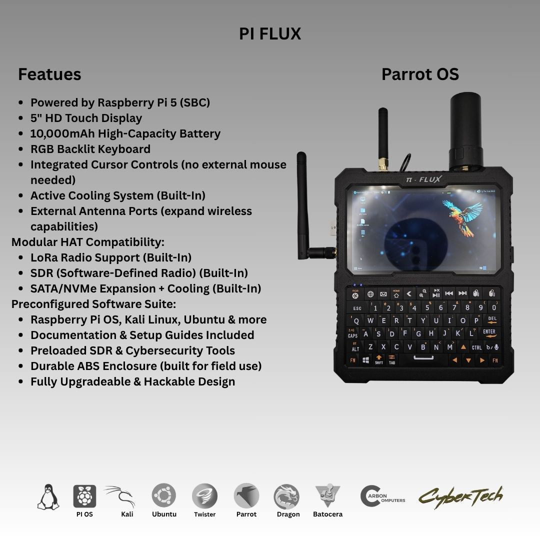 Figure 5 — 5 — Parrot Security OS running on the PiFlux. Photo: Carbon Computers, carboncomputers.us.